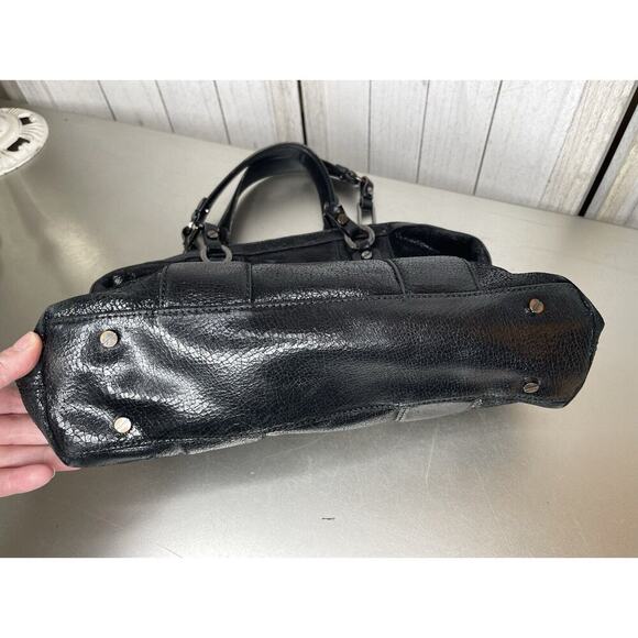 Tory Burch Black Sheen Crackle Leather Top Handle Bag Chunky Hardware Y2K - Picture 7 of 11
